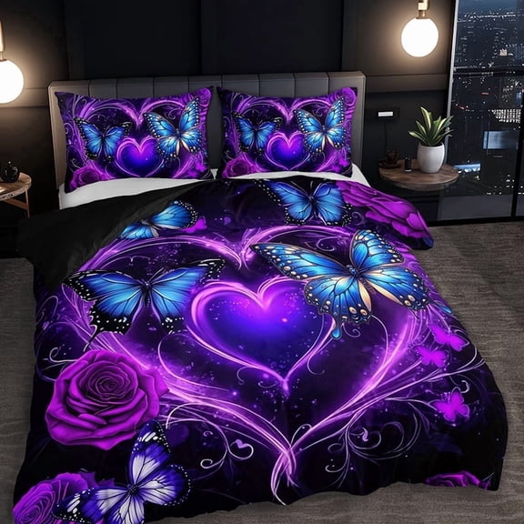 3PCS Purple Dreamy Butterfly Heart Floral Duvet Cover Set (1 Duvet Cover 2 Pillowcases without Pillow covers) Vibrant purple heart, blue butterflies creating a magical and dreamy bedroom atmosphere