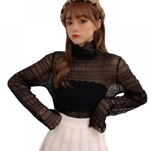 Women's Long Sleeve Sexy T-Shirt Turtleneck Slim Perspective Sheer Mesh Tops T Shirt Blouse Clubwear,Black