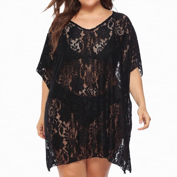 NIEWTR Womens Beach Cover Up Mid Length Sleeve Dress Loose Bathing Suit Coverup for Daily Wear(Black,2XL)
