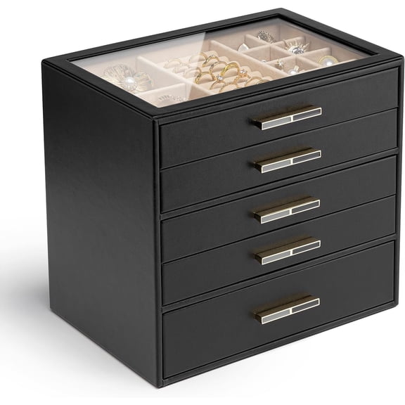 3-Drawer Jewelry Box with Glass Lid, Faux Leather Organizer for Rings, Earrings, Necklaces and More, Gift-Ready Jewelry Case for Women, Girls, or Moms, Beige