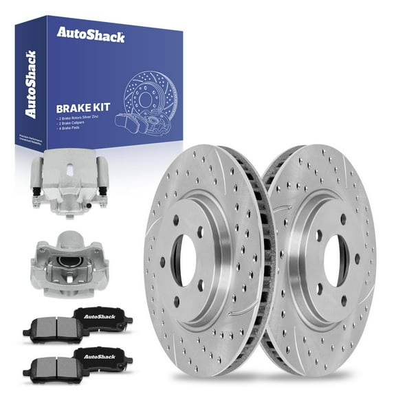 AutoShack Front Drilled & Slotted Brake Rotors Ceramic Brake Pads Calipers | Replacement for 2004-2006 Chevrolet Malibu 2005 Pontiac G6 | Silver Zinc Coated | 8-PC Brake Kit | SilverShield Pro