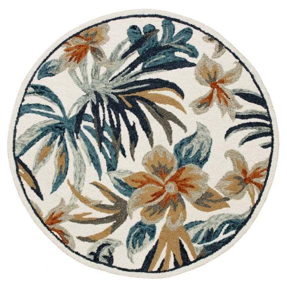 6’ Round Blue and White Tropical Area Rug