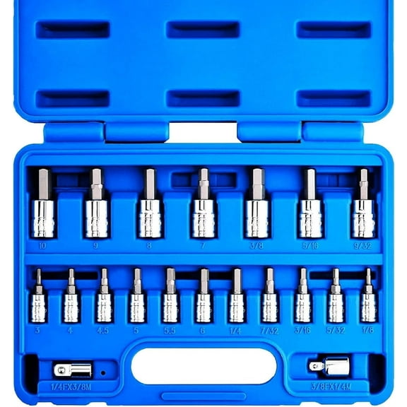 NEIKO 01150A SAE and Metric Hex Bit Socket Set | 20 Pieces | SAE 1/8” – 3/8” | Metric 3mm – 10mm | Two Socket Adapters 1/4" and 3/8” Drive | Industrial S2 Steel Bits | Heavy Duty Cr-V Sockets