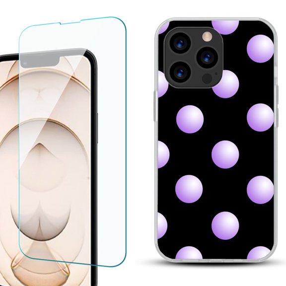 Slim-Fit Anti-Scratch Gel TPU Phone Case for iPhone 13 Pro, with Tempered Glass Screen Protector, by OneToughShield ® - Polka Dot / Purple