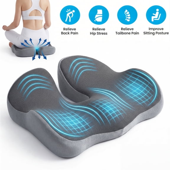 Seat Cushion for Office Chair, Memory Foam Coccyx Cushion for Tailbone Pain Relief, Ergonomic Non-Slip Desk Chair Pad for Long Sitting, Extra Thick Car Seat Pillow Gray