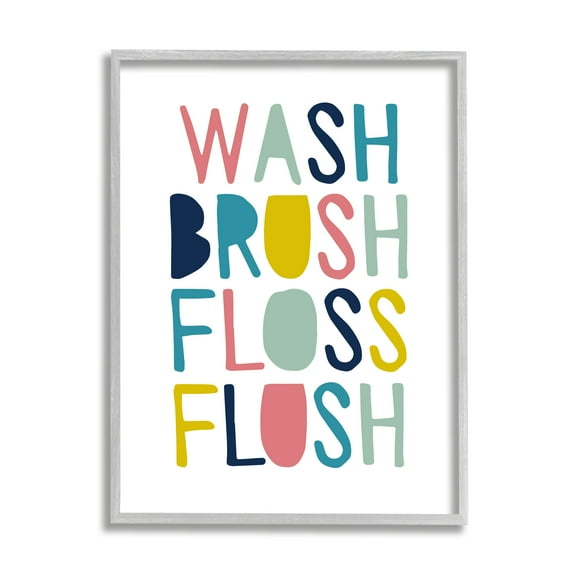 Stupell Industries Wash Brush Floss Flush Typography Graphic Art Gray Framed Art Print Wall Art, 24x30, by Border Bloom