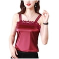 thumbnail image 3 of Feancey Summer Tanks for Women Lace Trim Satin Tank Tops Dressy Casual Sleeveless Square Neck Camisole Top Red XXL, 3 of 6