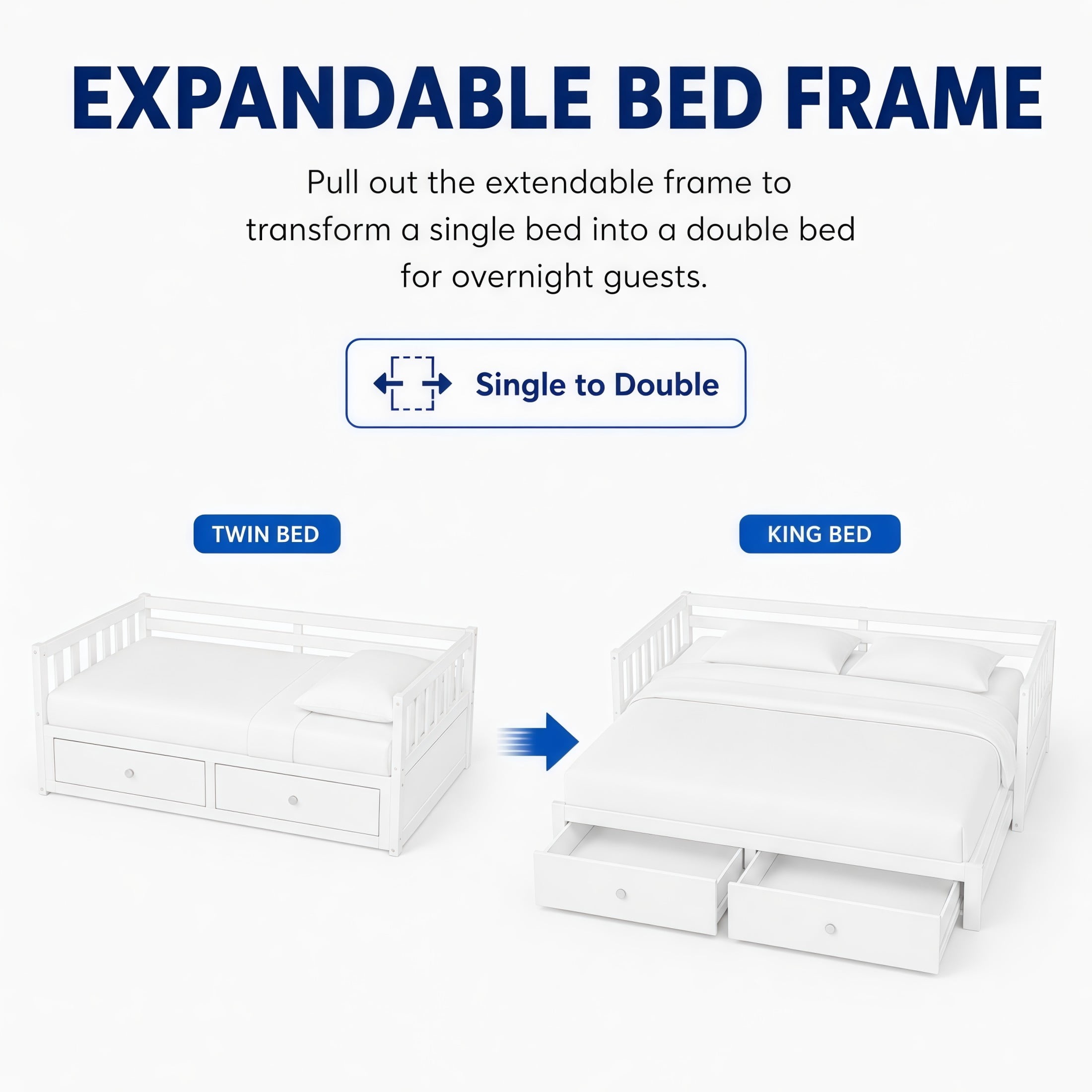 Noble House Twin to King Extendable Daybed with Pull-Out Trundle, 2 Drawers & Guardrails, White