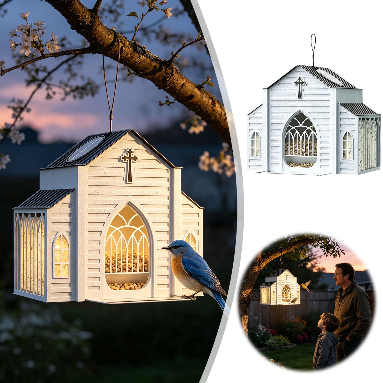 Church Shaped Metal Solar Bird Feeder Decorative Hanging Wild Bird Feeder With LED Light Garden Bird For Finches Outdoor Backyard & Bird Lov