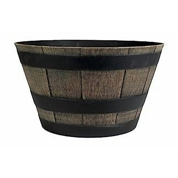 The HC Companies 15.5 Inch Whiskey Barrel Planter - Weather Resistant Resin Plant Pot for Indoor Outdoor Use in Dark Oak Color Faux Wood