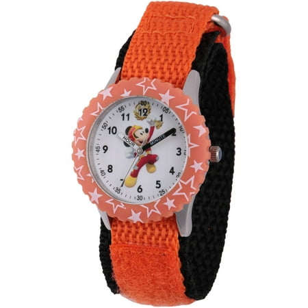 Disney Mickey Mouse Boys' Stainless Steel Time Teacher Watch, Orange Bezel, Orange Hook and Loop Nylon Strap with Black Backing