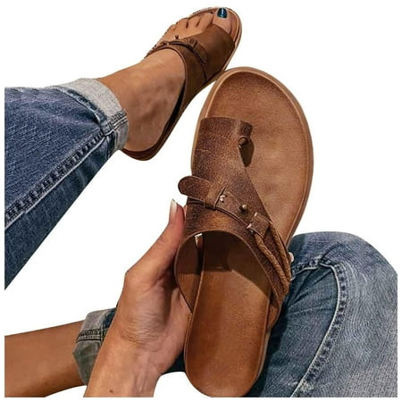 

YanHoo Clearance PU Leather Flat Sandals for Womens Comfy Orthopedic Bunion Corrector Sandal Casual Soft Ring Toe Retro Bohemian Thong Beach Shoes