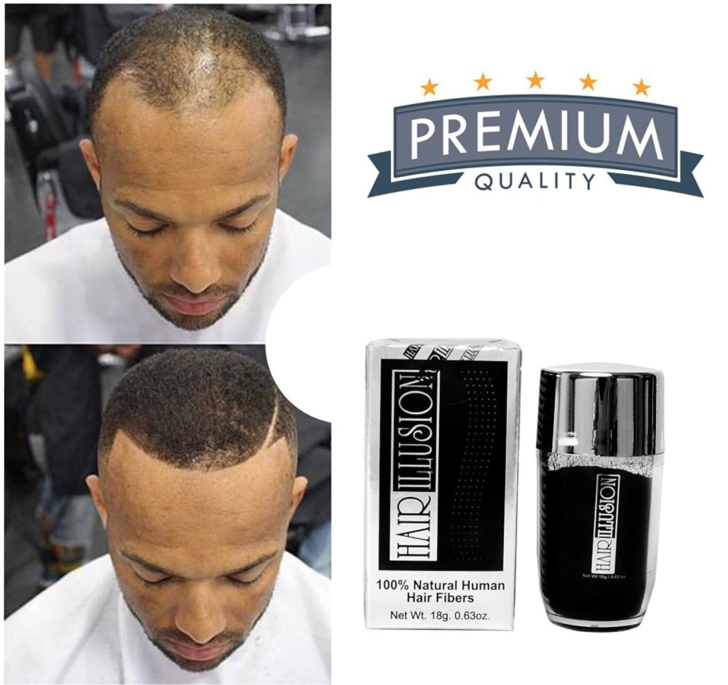 HAIR ILLUSION - 100% Real Human Hair Fibers - Not Synthetic - For Men & Women, Premium Hair Building Formulation, Black - 18g