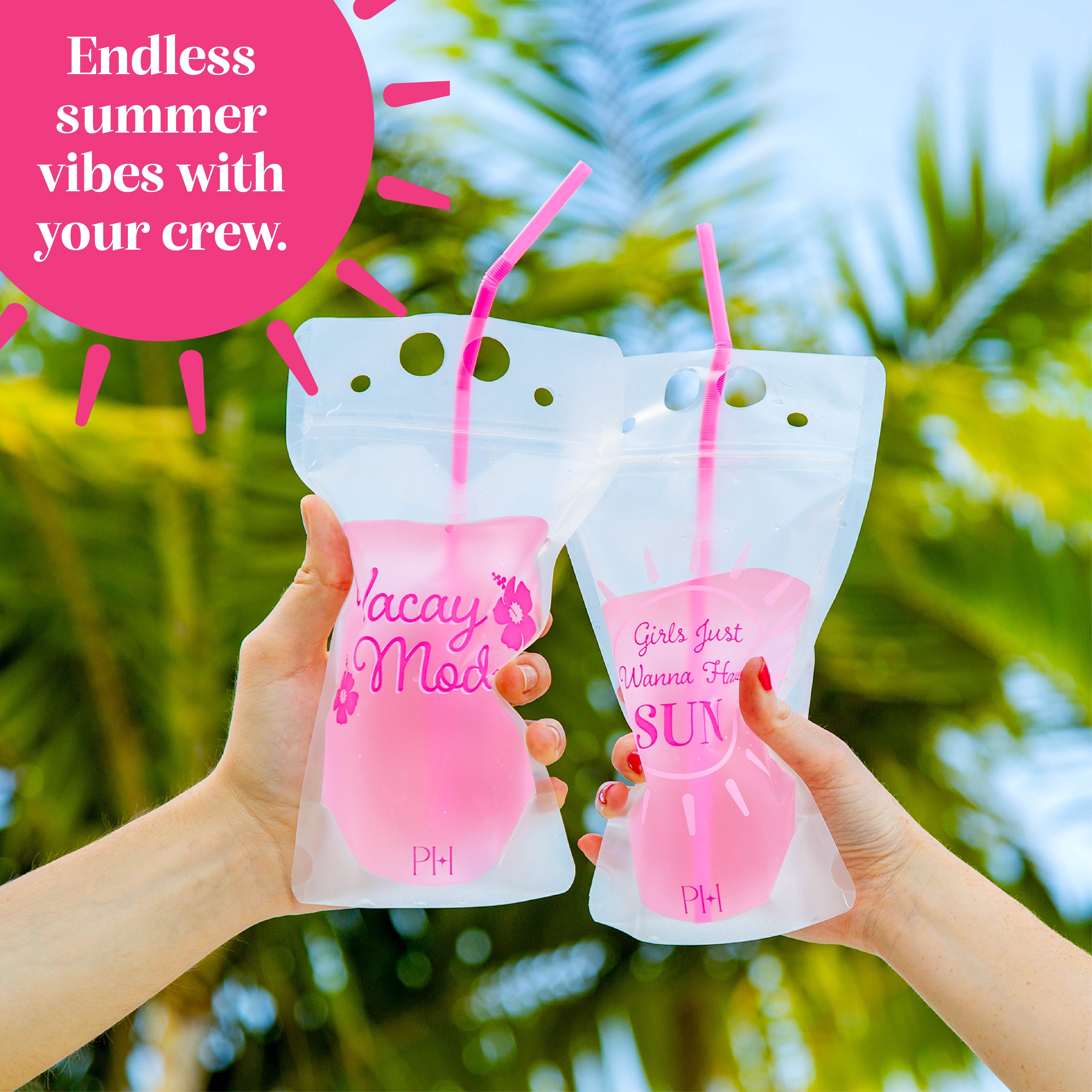 Paris Hilton 16-Ounce Reusable Drink Pouch Set with Straws, Vacay Mode, 8 Pack
