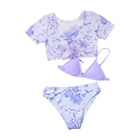 

Summer Little Child 3 Piece Purple Floral Print Swimsuit Bikini Set Swimsuits Kids Bathing Suits Thin Straps Baby Girl Clothes