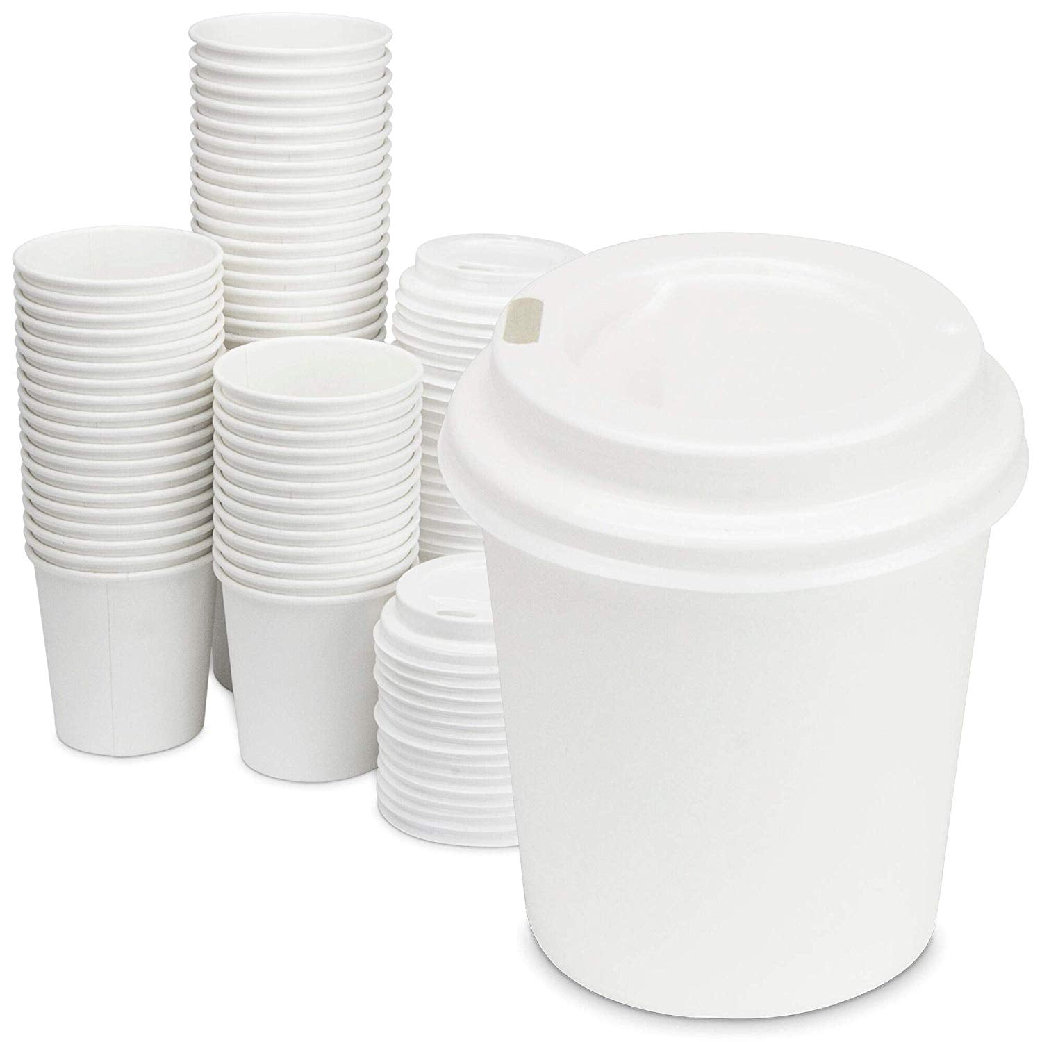 100 Pack 8 Oz Disposable Poly Paper Hot Tea Coffee Cups with Flat White Lids