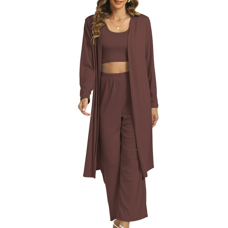 3 Piece Lounge Sets for Women Solid Color Knit Sets Long