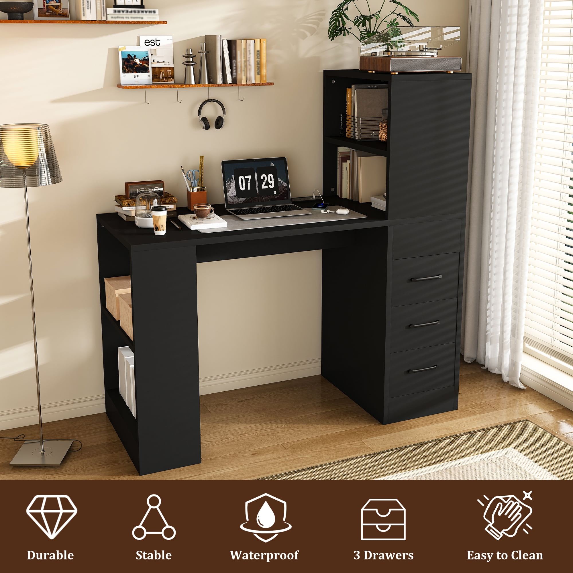 Computer Desk with 4-in-1 Charging Socket and 3 Slide Drawers, 4-Shelf Storage Workstation for Home Office and Study, Black