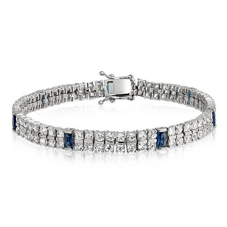 - White And Blue CZ 2 Row Tennis Bracelet For Women Simulated Sapphire Baguette Cubic Zirconia Rhodium Plated Brass 7.5 In