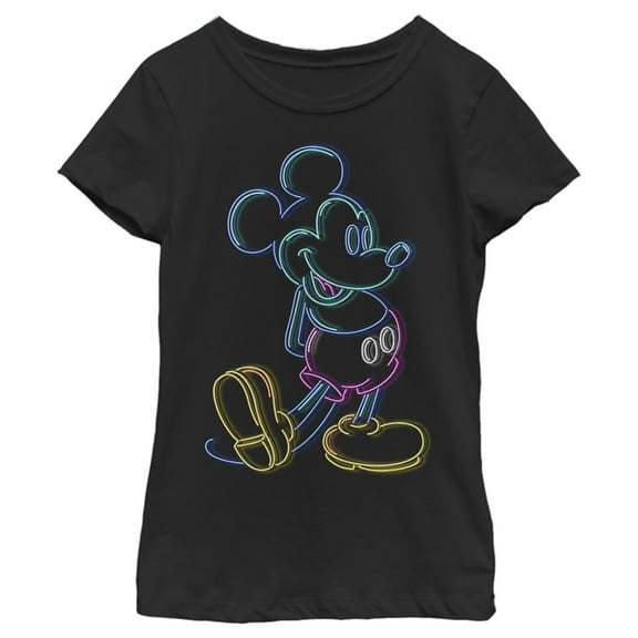 Girl's Mickey & Friends Bright Neon Mickey Mouse Outline Graphic Tee Black X Large