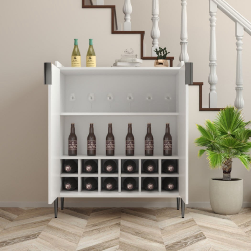 Wine Bar Cabinet, 2-Door Liquor Cabinet with 12-Bottle Wine Rack, Adjustable Shelf & Soft-Close Hinges, Sideboard Buffet Cabinet for Dining Room, Kitchen & Living Room, White