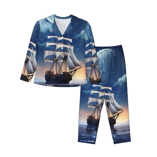Balery Moonlit Night Sea Sailboat Conjunto de Pijama con Estampado para Mujer, Conjunto de Dos Piezas con Manga Larga, Ropa de Dormir Suave con Bolsillos, Pijamas Cómodos-X-Large