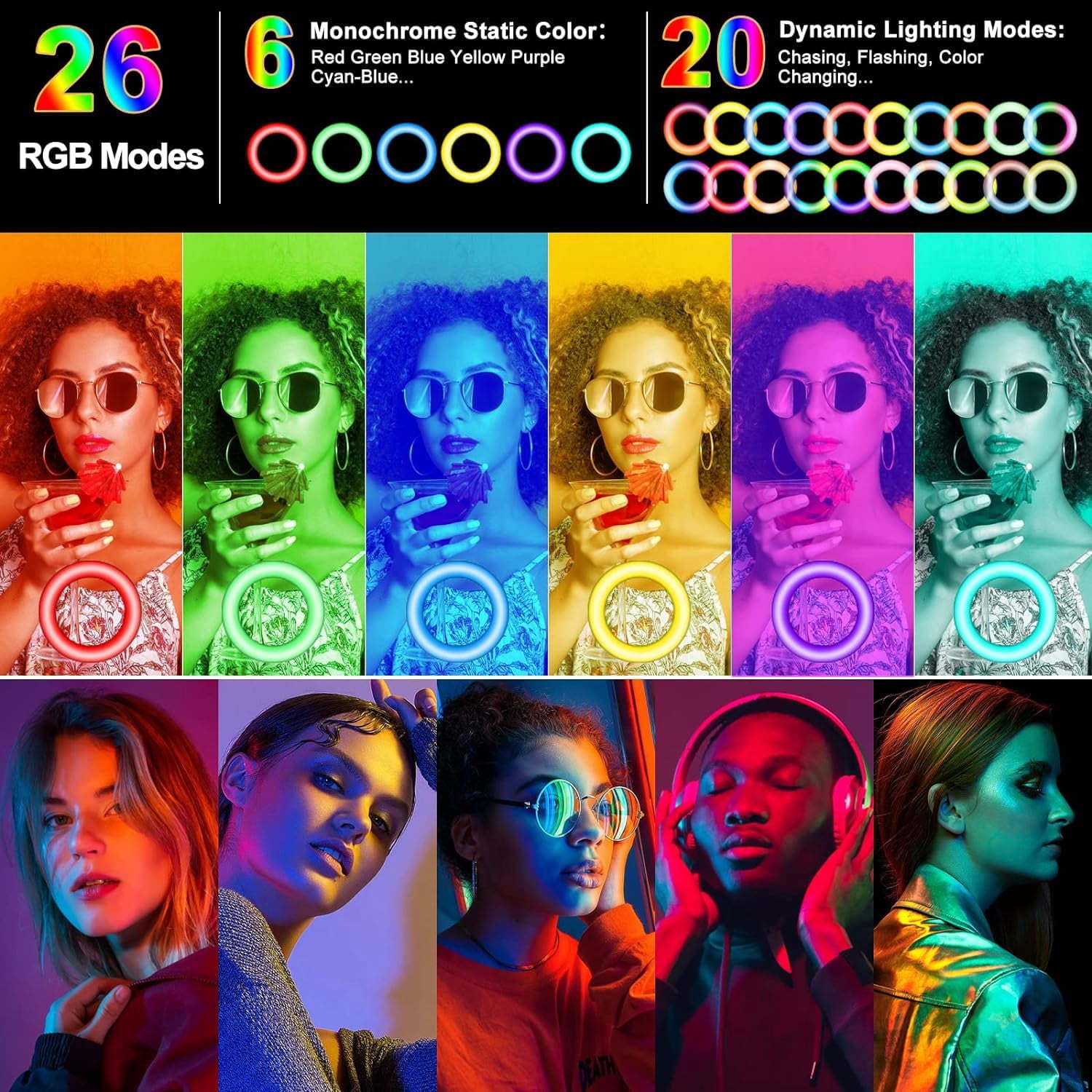 10.3" Selfie Ring Light With Stand And Phone Holder  Desk Tripod 29 Rgb Lighting Modes Remote For &android Camera. Led Halo Photo Video Recording Tiktok. Circle Ringlight Dimmable