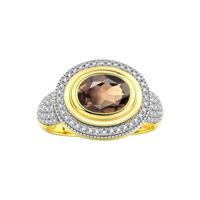 RYLOS Rings for Women 14K Gold Plated Silver Ring Classic 9X7MM Oval Gemstone & Diamonds June Smoky Quartz Jewelry Size 5