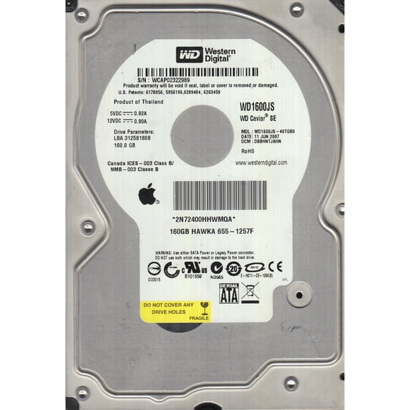 WD1600JS-40TGB0, DCM DBBHNTJAHN, Western Digital 160GB SATA 3.5 Hard Drive