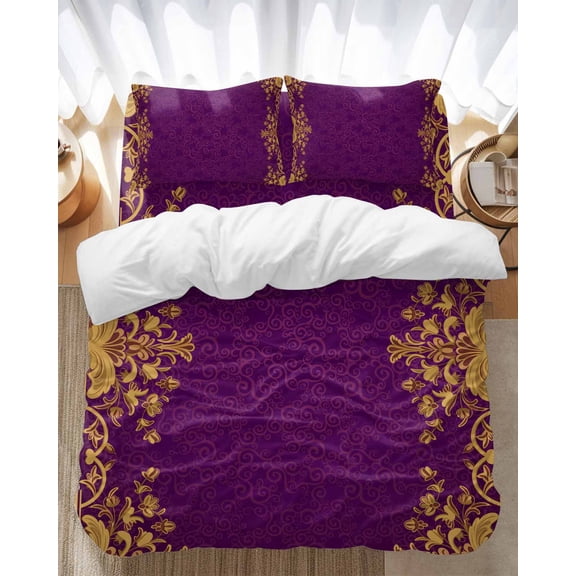 Vintage Purple Bedding Duvet Cover Set Twin Size 4 Pieces Yellow Flower Lace Baroque Ethnic Style Bedding Set with Zipper Closure, 1 Comforter Cover 68x86 Inches 1 Flat Sheet & 2 Pillow Cases