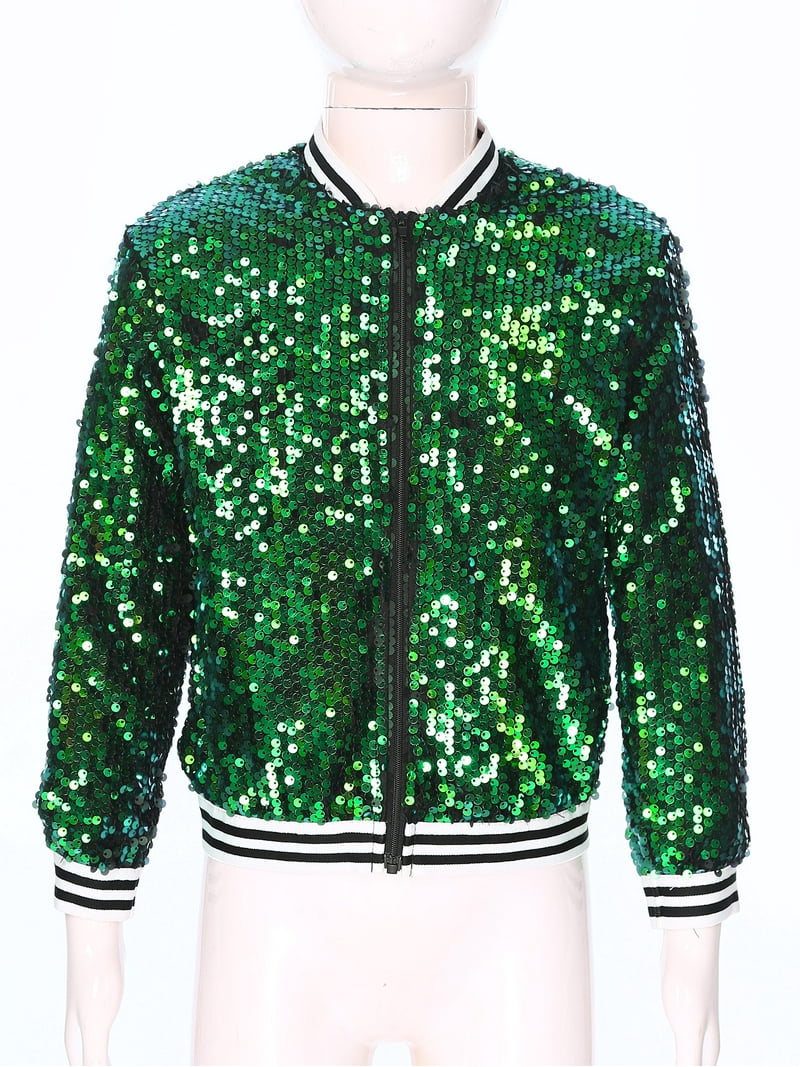 Girls Sequin Bomber Jacket - Glitter Long Sleeve Zipper Jacket For Ages 5-12 Years