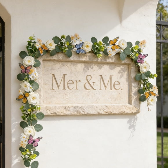 Home Decor, Spring/Summer Outdoor Colorful Butterflies Daisys Rose Eucalyptues Garland Artificial Vines Decoration For Patio Fence And Door