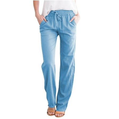 

Dadaria Wide Leg Linen Pants for Women Petite Length Loose Cotton Linen with Pocket Solid Trousers Pants Light Blue XL Female