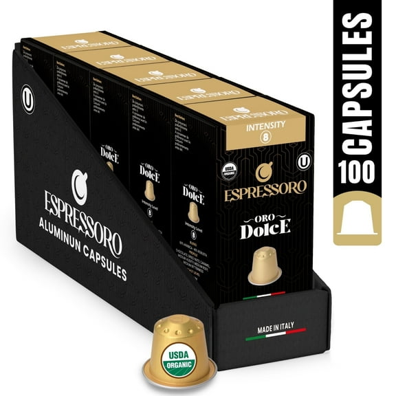 Espressoro Organic Espresso Capsules, Oro Dolce Blend, Medium Roast, Caramel and Chocolate Notes, Intensity 8, 100 Count