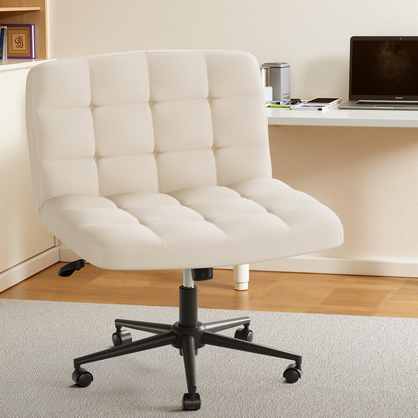 Arlopu Swivel Criss Cross Legged Chair with Wheels, Height Adjustable, Armless Home Office Chair with Comfy Wide Cushion for Home, Office, Vanity