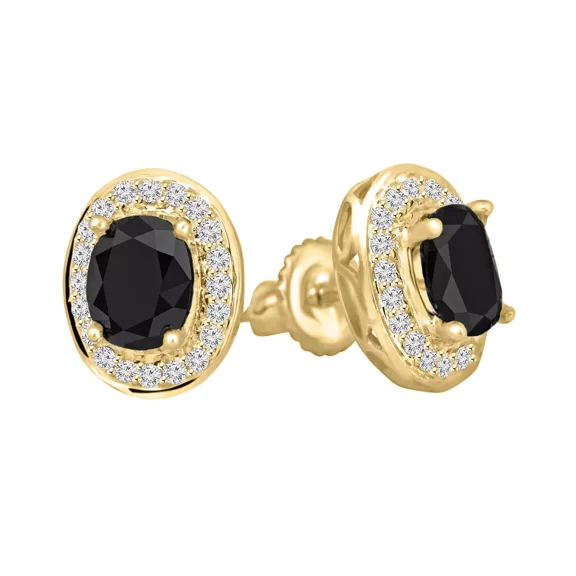 14K Gold Plated Sterling Silver 2Ct Oval Cut Simulated Black Diamond Halo Stud Earrings