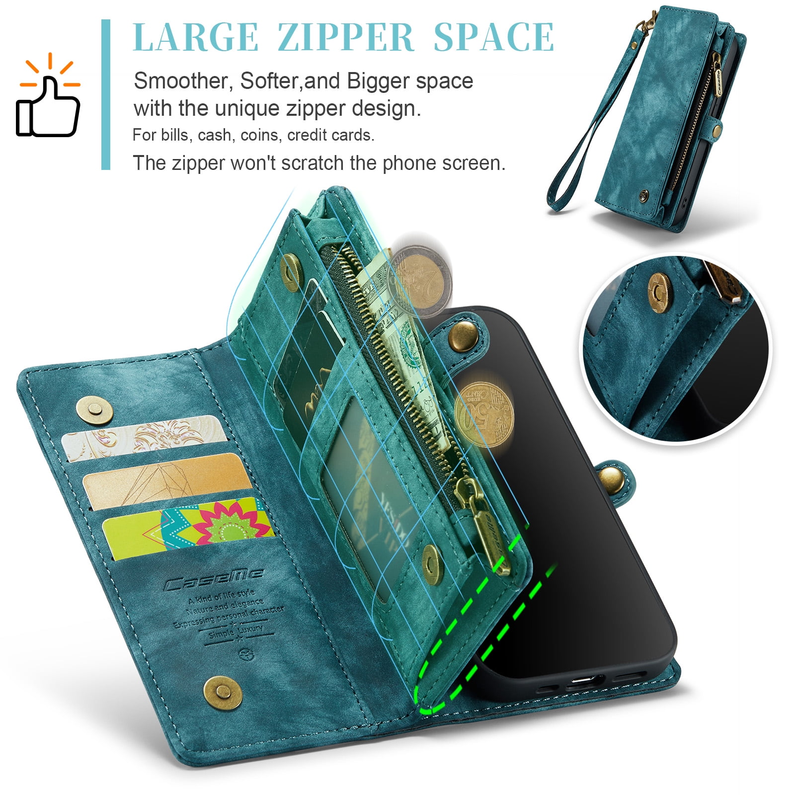 for iPhone 16 Premium PU Leather Folding Case, Multiple Card Slots Design, Wrist Strap Zipper Pocket Kickstand Magnetic Snap, Wireless Charging for iPhone 16, Green