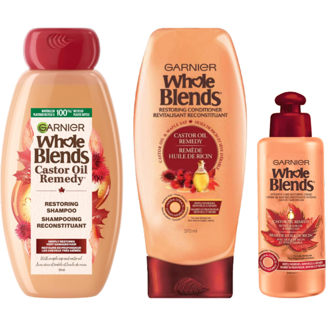 Garnier Whole Blends Castor Oil Hair Rescue Set – Restoring Shampoo, Conditioner & Leave-In Balm
