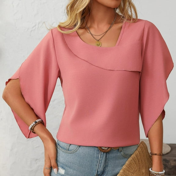 ECZHAW Womens Tops , 3/4 Petal Sleeve Blouse for Women Trendy Asymmetrical Neckline Chiffon Shirts Casual Loose Fit Tees Comfy Summer Tops ,