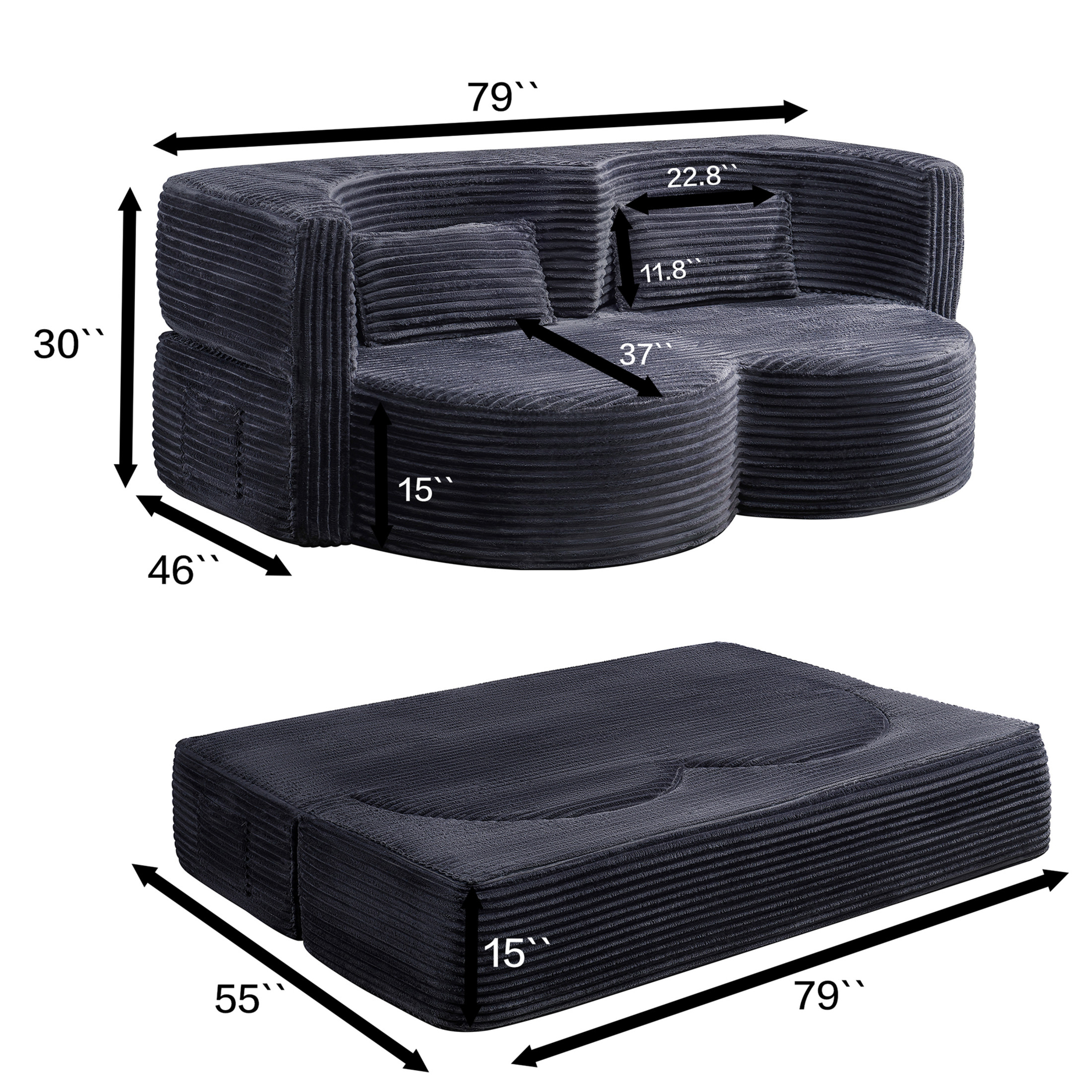 Noble House Solley 79" Folding Sofa Bed, Corduroy Tri-Fold Floor Double Sofa, Space-Saving Guest Bed, Dark Grey