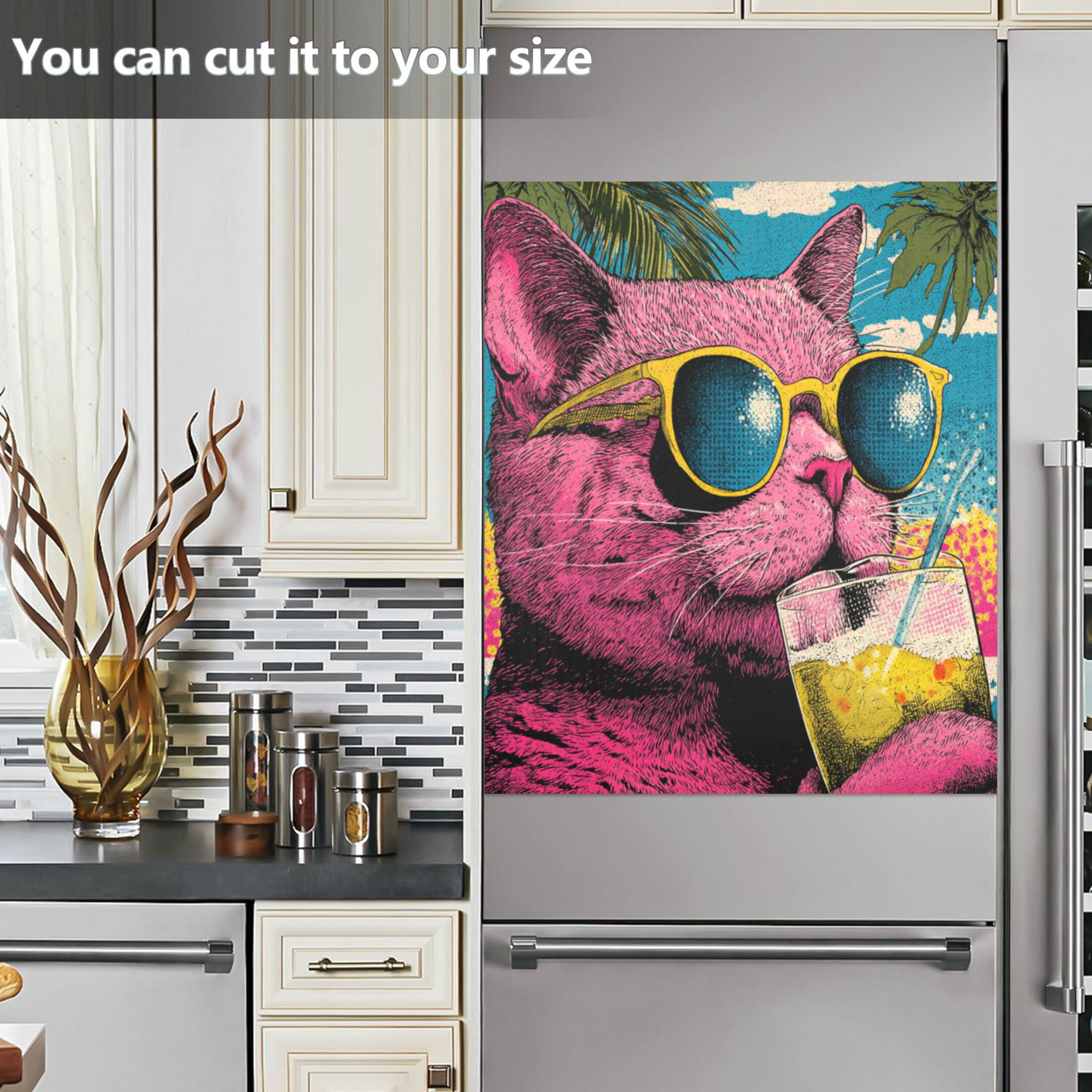 Dishwasher Magnetic Refrigerator Magnet Cover Sticker Home Decorative 23"x26" Pink Cat Wearing Sunglasses
