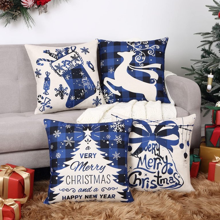 Kidlove Christmas Pillow Covers 18 x 18 Inch Set of 4 Xmas Farmhouse  Buffalo Plaid Christmas Tree Deer Sock Bell Throw Pillow Covers Winter  Holiday Decorations Cushion Case for Home Sofa Couch 