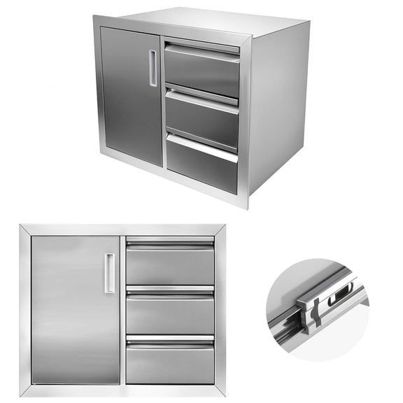 Outdoor Kitchen Triple Drawer & Door Combo, 28 Inch Flush Mount 304 Stainless Steel BBQ Storage Cabinet, Weatherproof Drawer Unit for BBQ Island, Grilling Station, Outside Kitchen