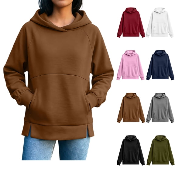 Hoodie for Womens Xaqiouau Solid Cross Neck Hooded Pullover Sweatshirt Split Hem Side Pockets Long Sleeve Basic Tops For Fall Athleisure Casual Daily Wear Brown L