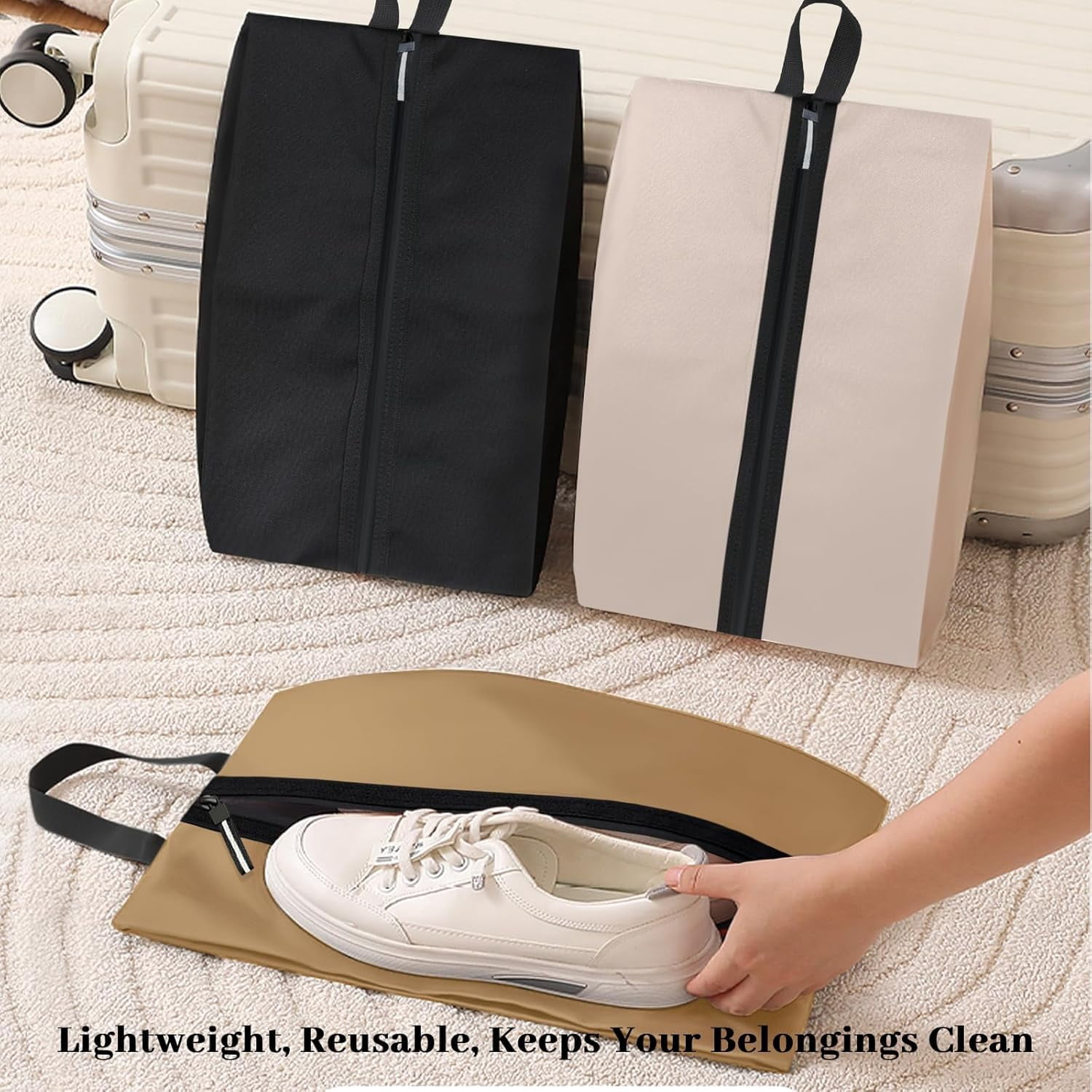 Golf Shoe Bag Large Capacity Oxford Fabric  Golf Shoes Bag with Zipper and Handle for Portable Packing  Shoes Storage Bags for Travel, Running, Gym, Soccer(Beige, 1-Pack)