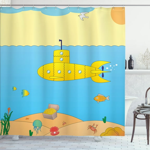 Ambesonne Yellow Submarine Shower Curtain, Sea Creatures, 69"Wx75"L, Blue Yellow Beige