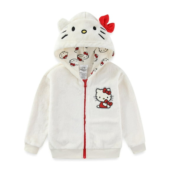 Hello Kitty Sanrio Zip Up Coral Fleece Hoodie with Ears and Bow (Girls), Sizes 4-14