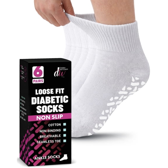 Debra Weitzner Non-Binding Loose Fit Sock - Non-Slip Diabetic Socks for Men and Women - Ankle 6 Pack White Size 13-15
