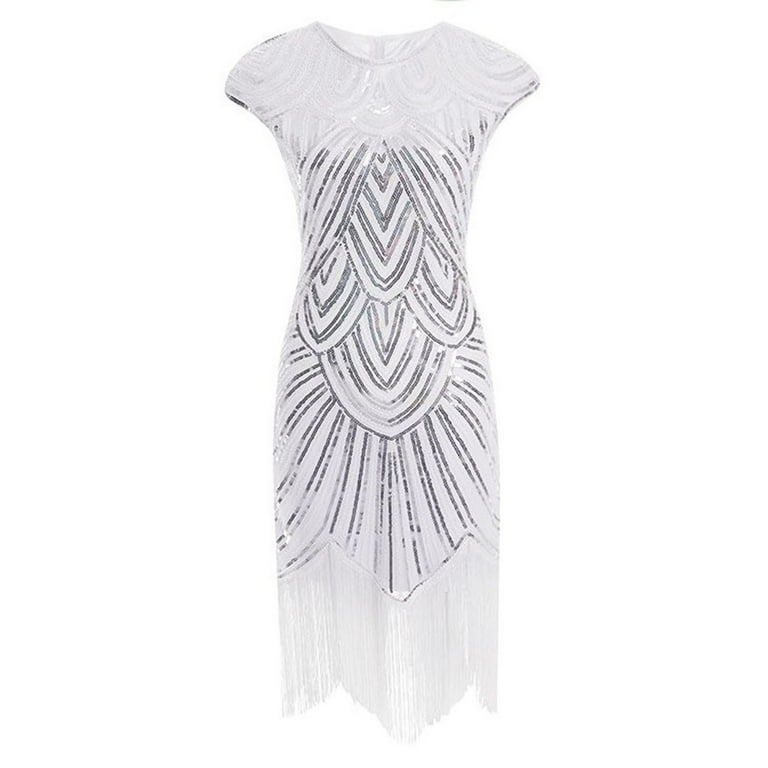 HXWCHs 1920s Flapper Sequin Fringe Party Dress for Women Roaring Twenties  Evening Gown L White - Walmart.com