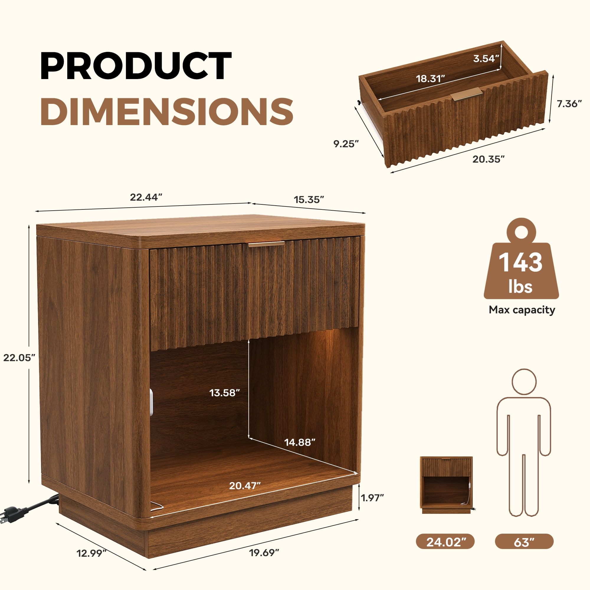 MOONMISS Wooden Nightstand Set of 2,with Drawer,USB Charging and LED Light,Walnut